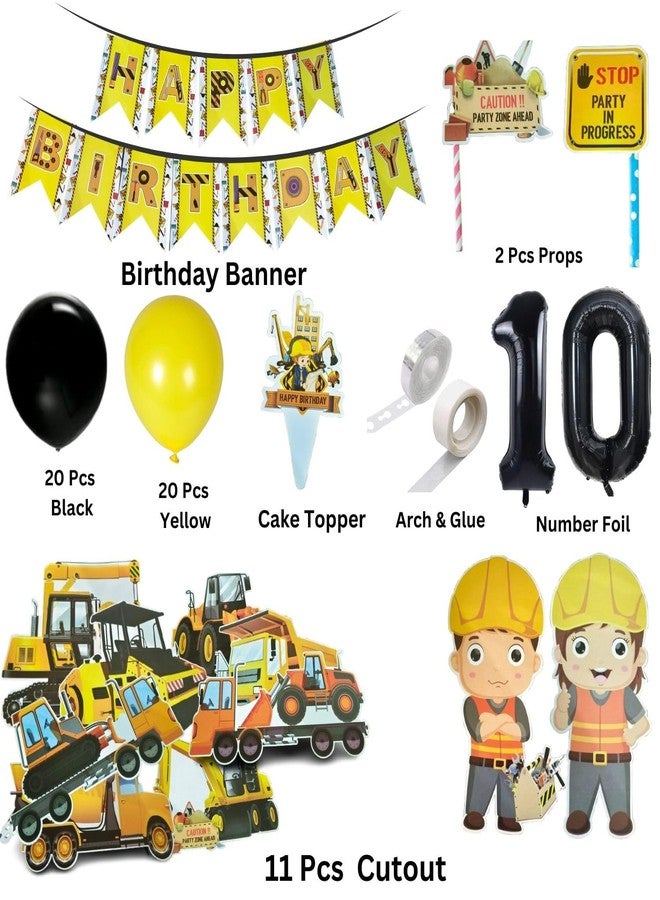 FI - FLICK IN 59 pcs JCB Construction 10th Birthday Decoration Set of Happy Birthday Cardstock Paper banner Transport Theme Dump Truck with Yellow or Black Party Decoration for Boys (Pack of 59) - Image 2